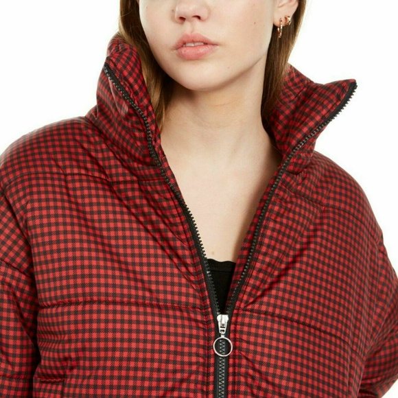 Celebrity Pink Red Plaid Puffer Coat Juniors - Picture 3 of 5